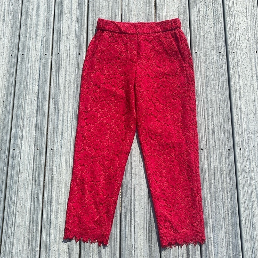 J. Crew Easy Pants In Lace Festive Red Women’s Size 2 High Rise Party Cocktail